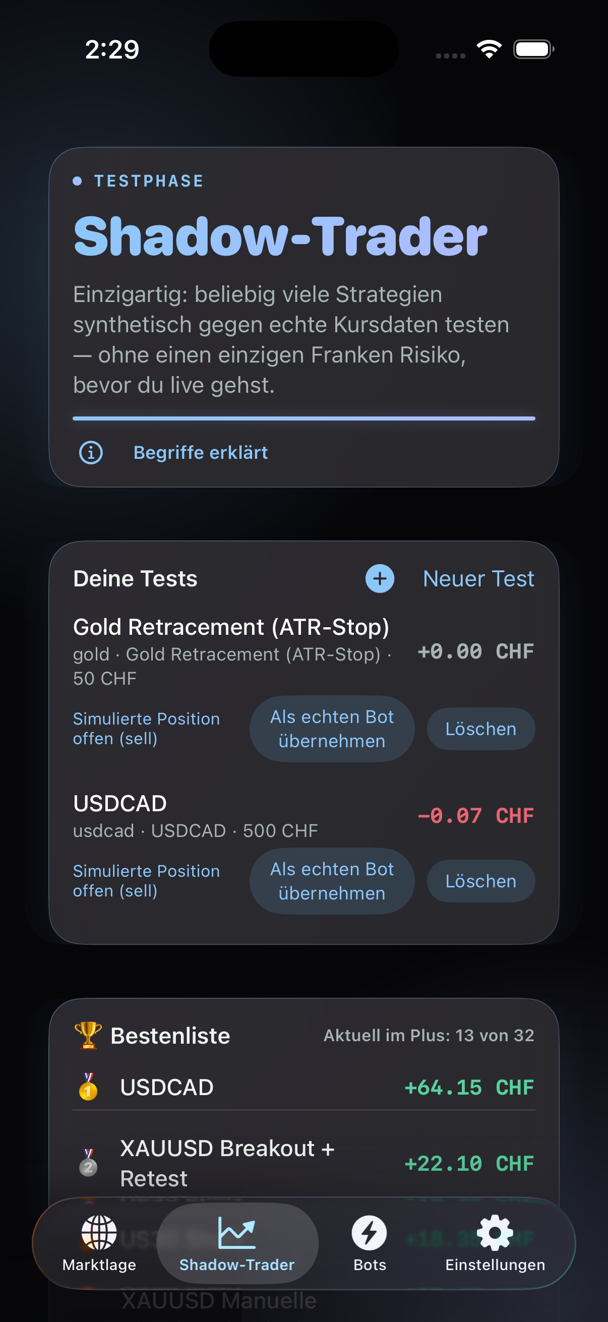 Shadow-Trader Übersicht in der Stratix-App