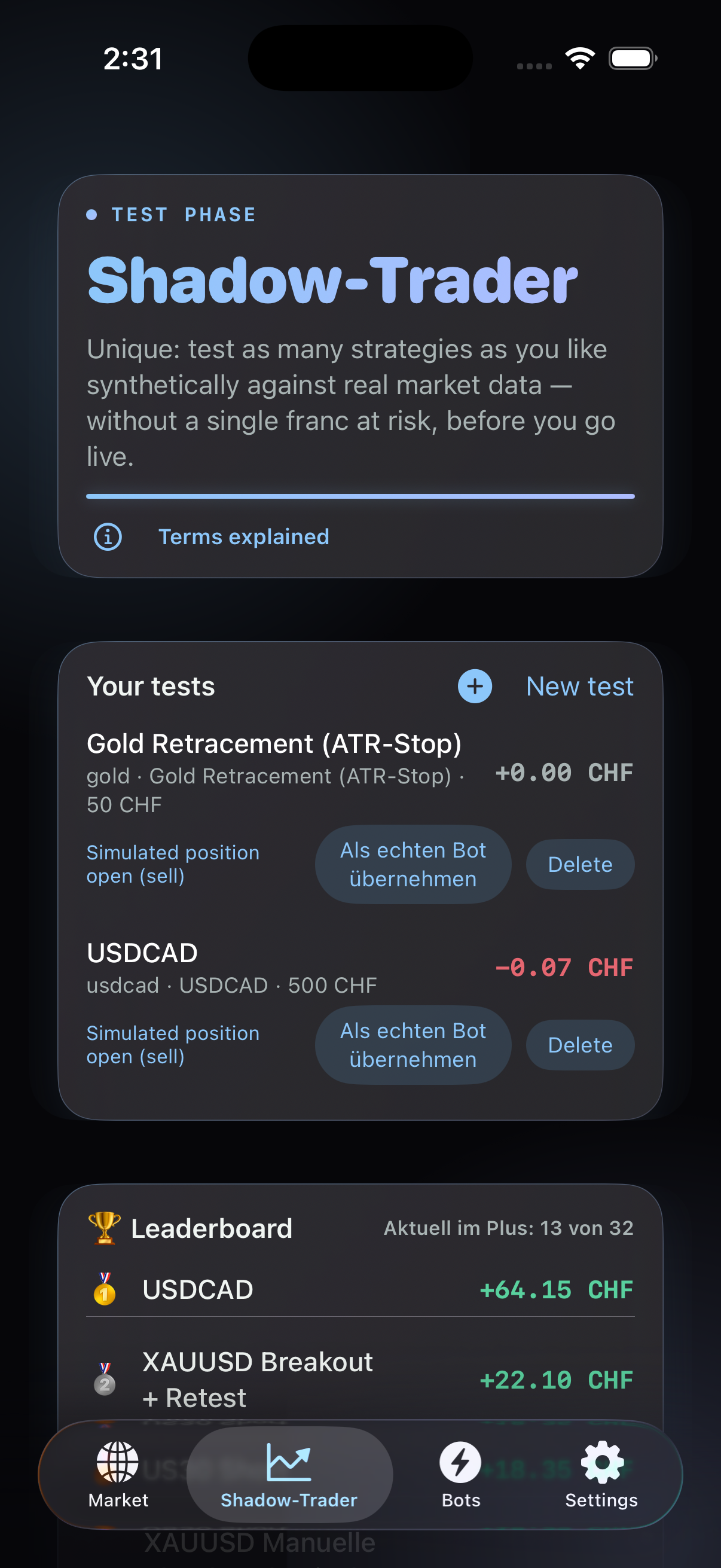 Shadow Trader overview in the Stratix app